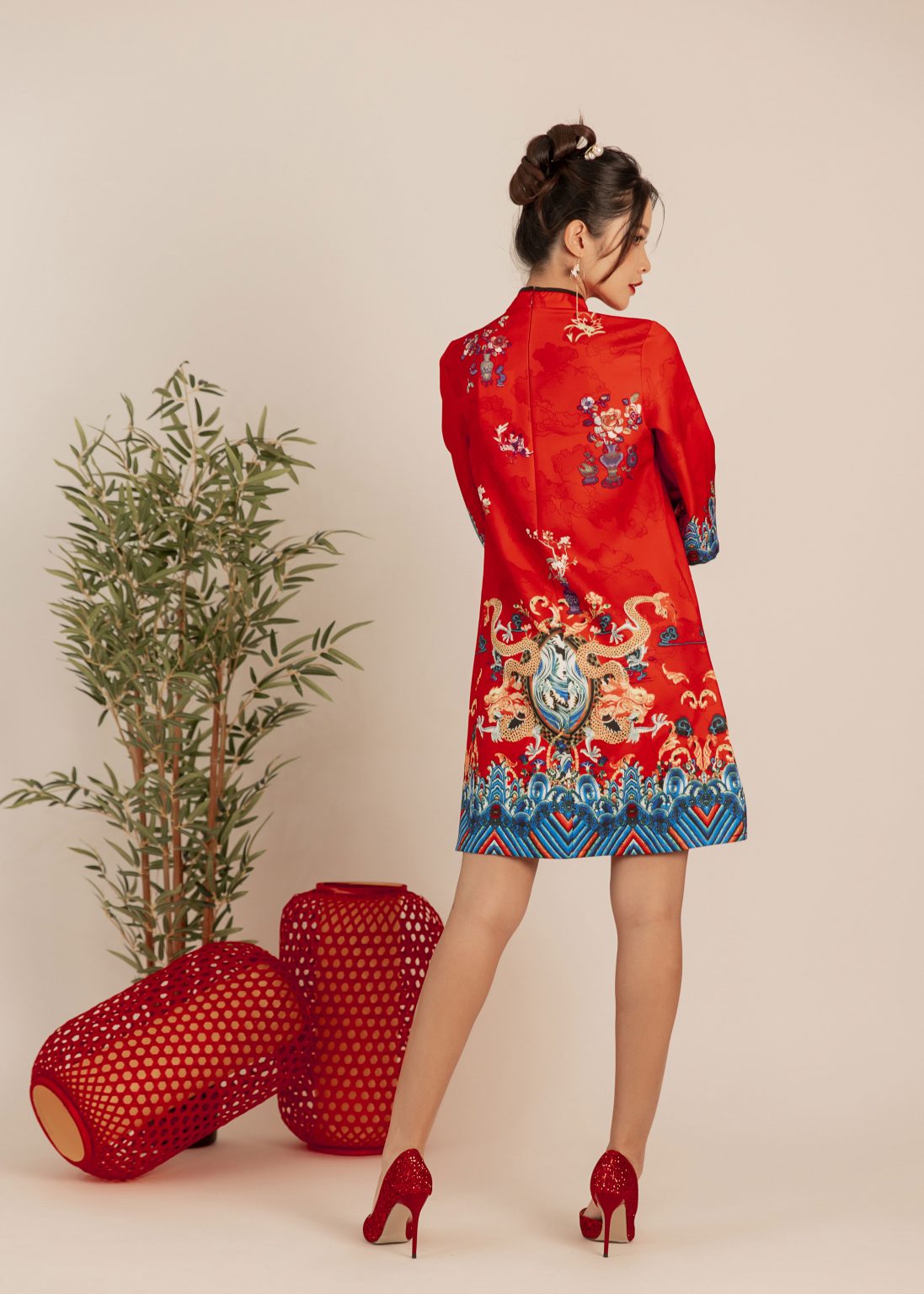 Dragon Twin Portal Qipao in Red - Image 7