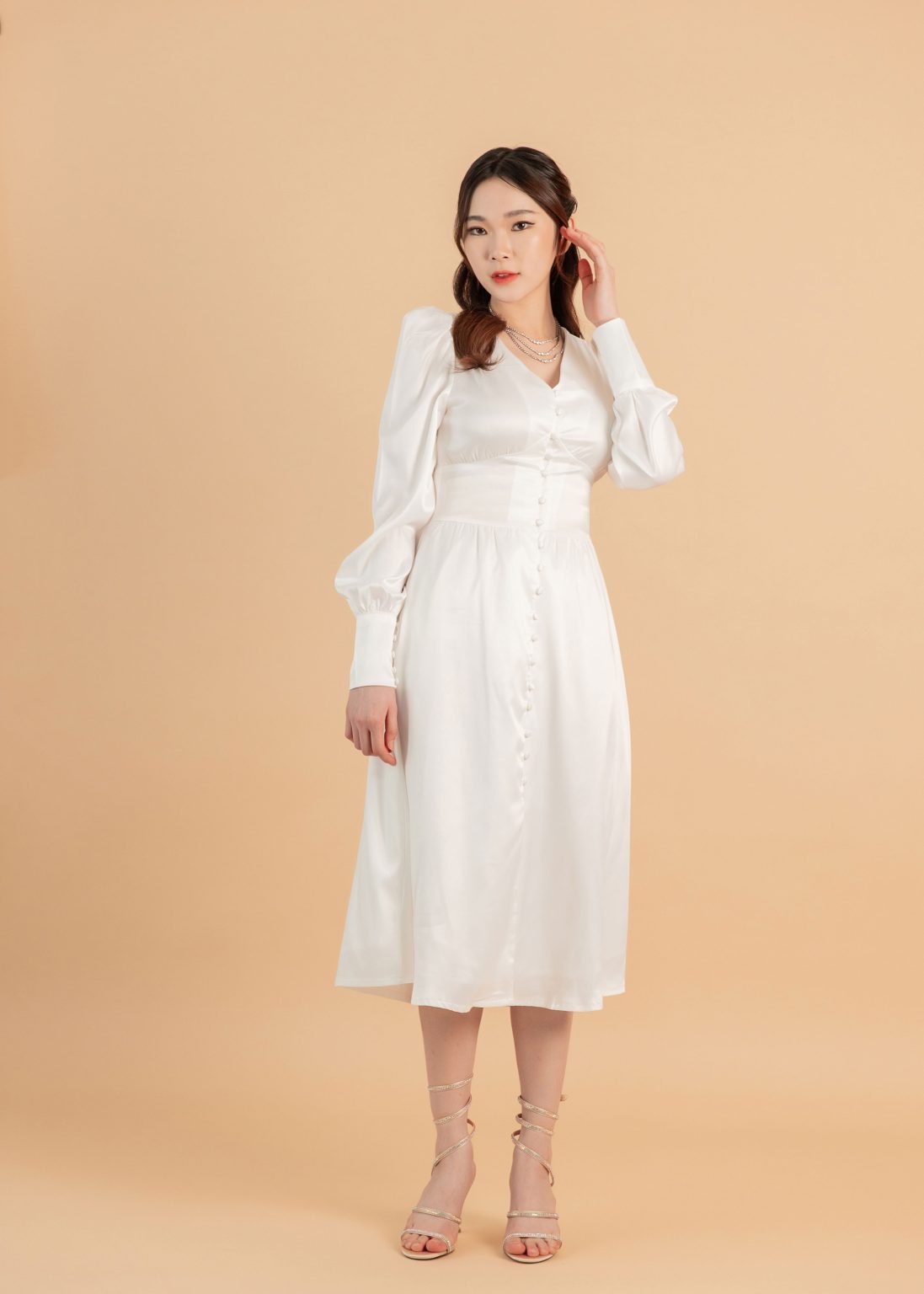 Fiona Glissando Satin Midi Dress in White