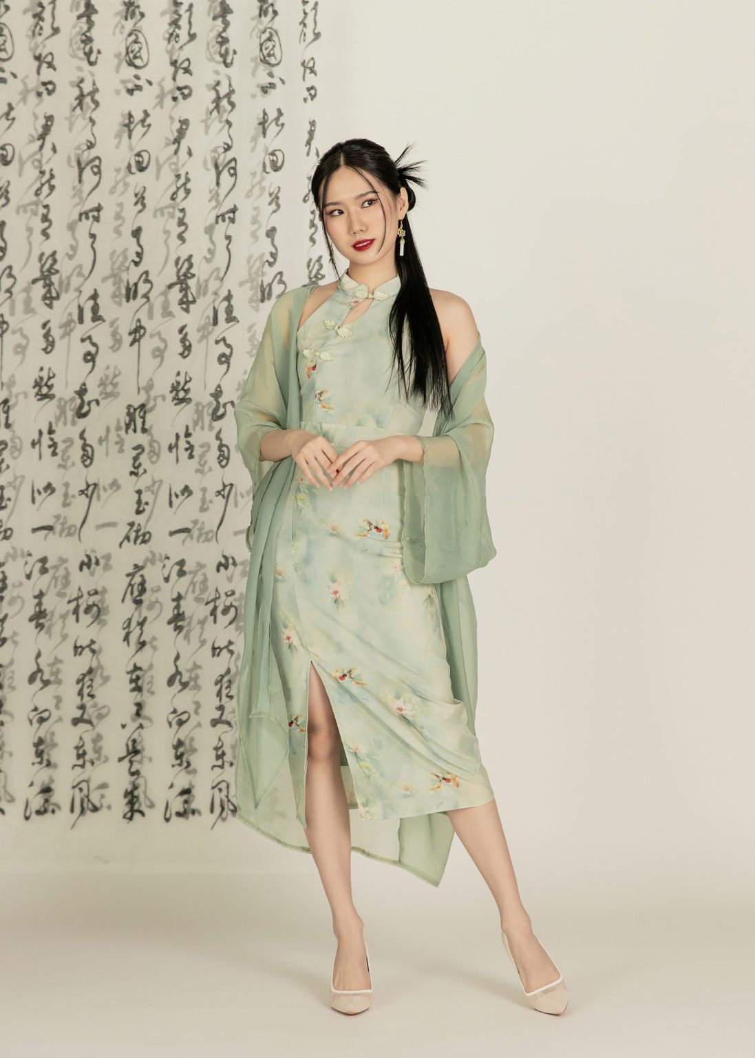 Koi Fortune Midi Qipao + Cardigan in Green - Image 19